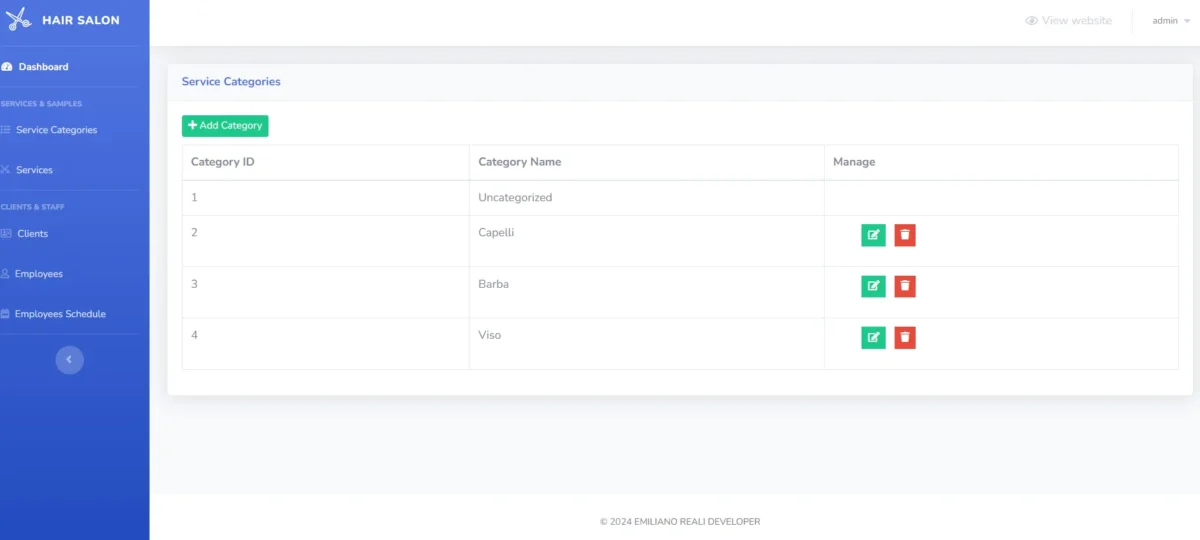 Pannello backend per modificare i servizi del Barbershop