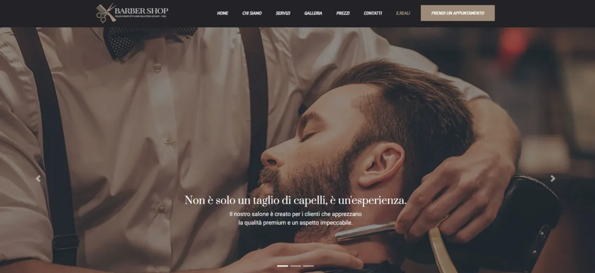Homepage del sito Barbershop con hero in stile barberia tradizionale