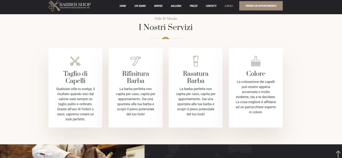 Lista dei servizi disponibili nel sito Barbershop
