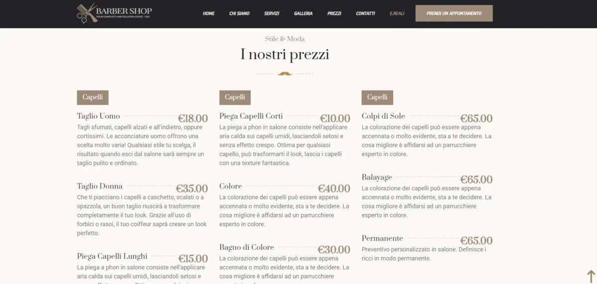 Listino prezzi modificabile del sito Barbershop