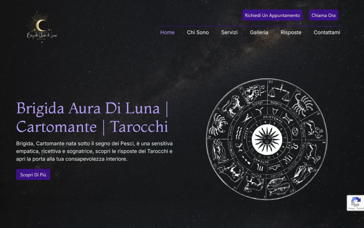 Homepage del sito Brigida Aura di Luna con hero animata e grafica mistica