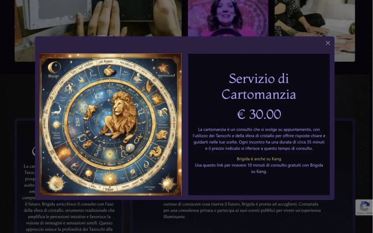 Scheda con prezzo del servizio di cartomanzia nel sito Brigida Aura di Luna