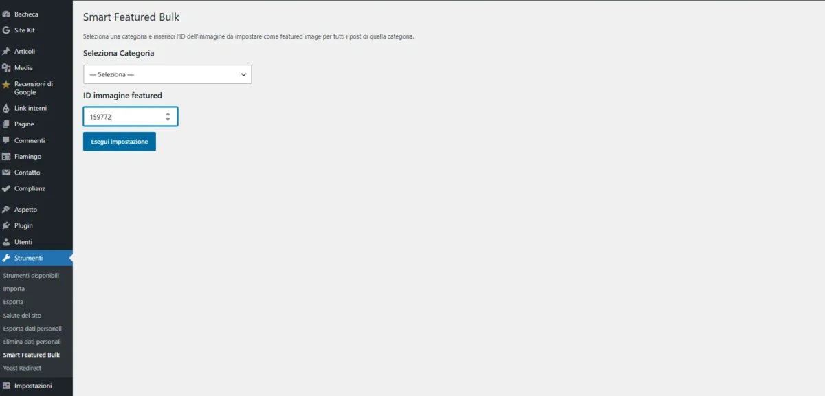 Pannello Featured Image Bulk con categoria e ID dell’immagine in evidenza