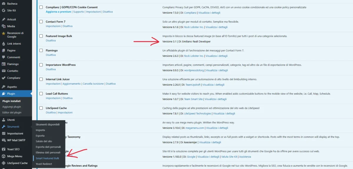 Plugin Featured Image Bulk attivo nel backend WordPress e presente nel menu Strumenti