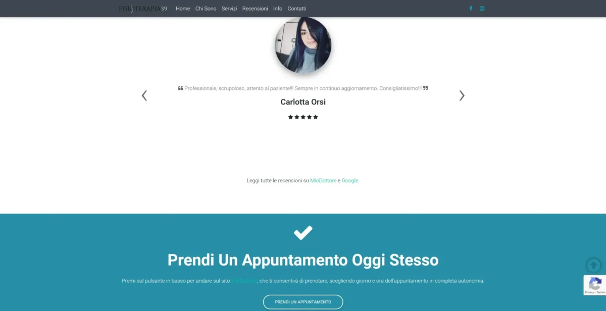 Carosello delle recensioni e pulsante per prenotare online nel sito Fisioterapia 39