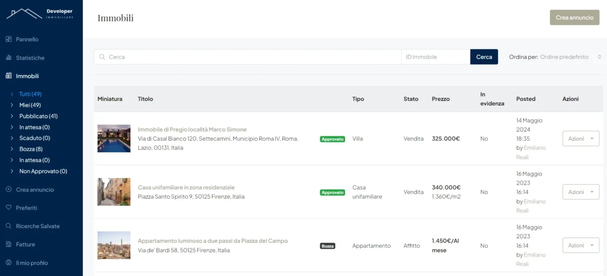 Pannello per inserire e gestire gli immobili in WordPress