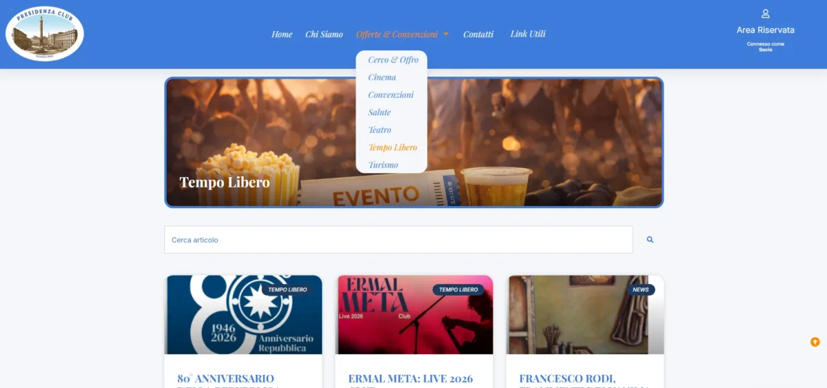 Pagina delle convenzioni di Presidenza Club con slide delle categorie