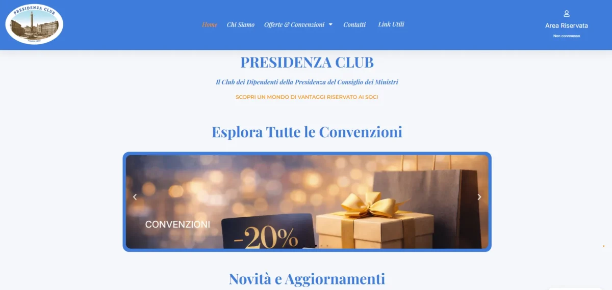 Homepage del sito Presidenza Club con accesso alle convenzioni per i soci