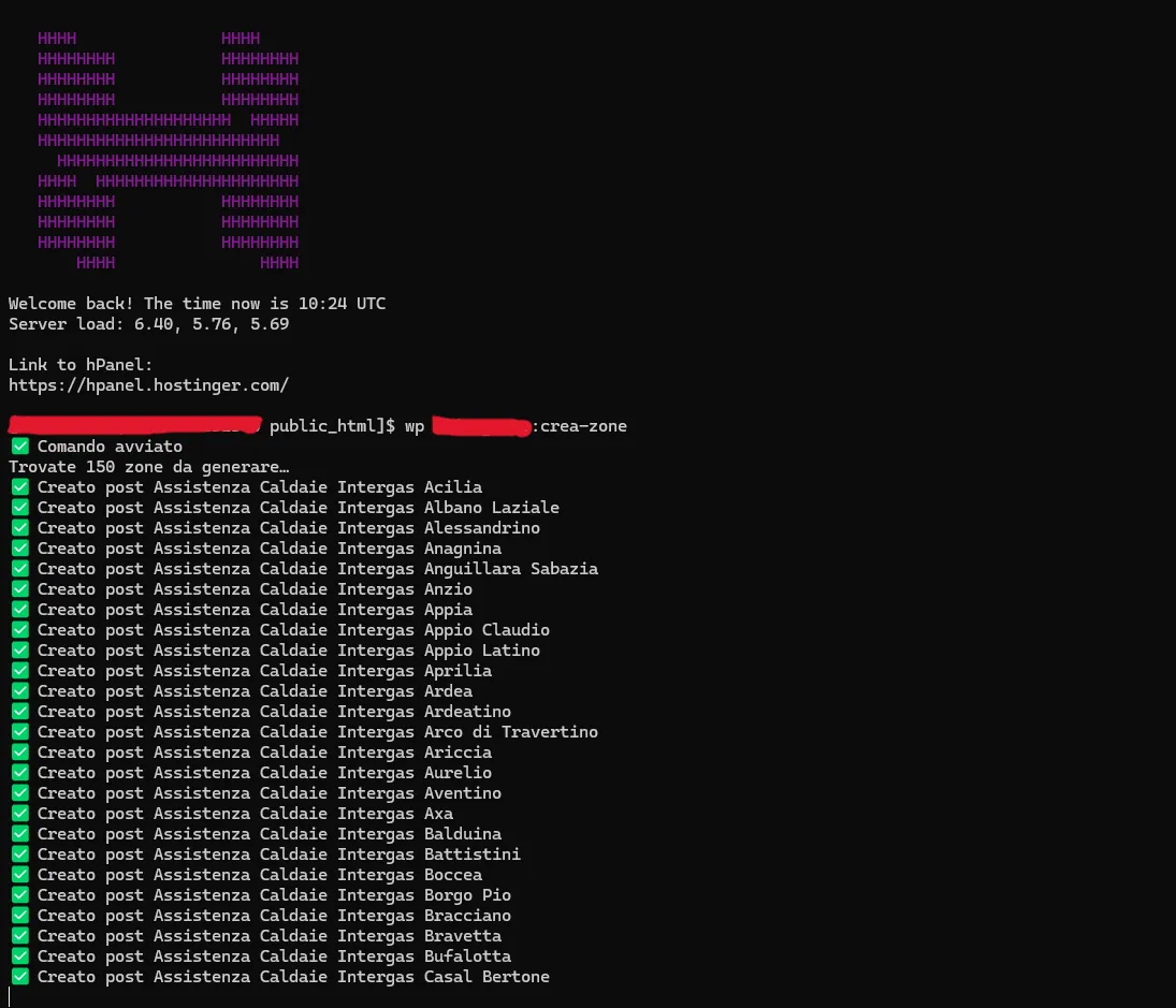 Esecuzione del plugin WP-CLI Generator dal terminale del server