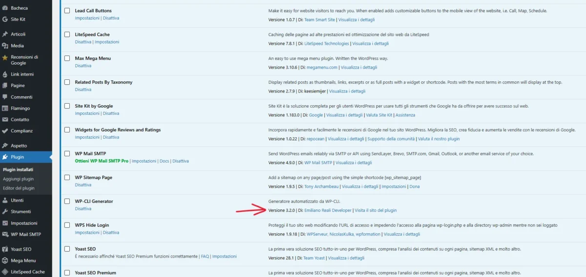 Plugin WP-CLI Generator installato nel backend WordPress